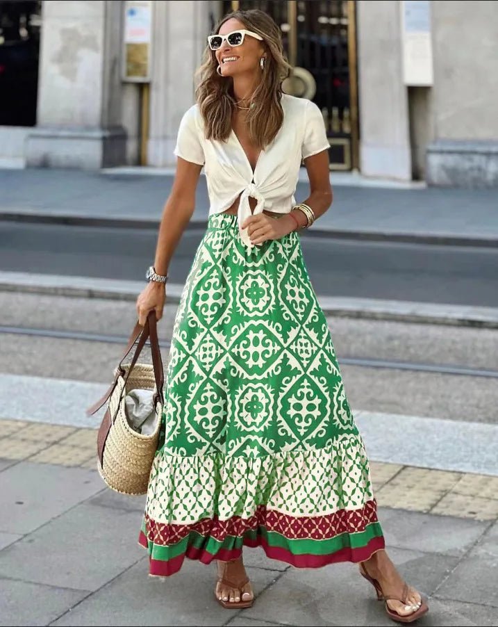 Rhea Boho falda midi con estampado y vuelo