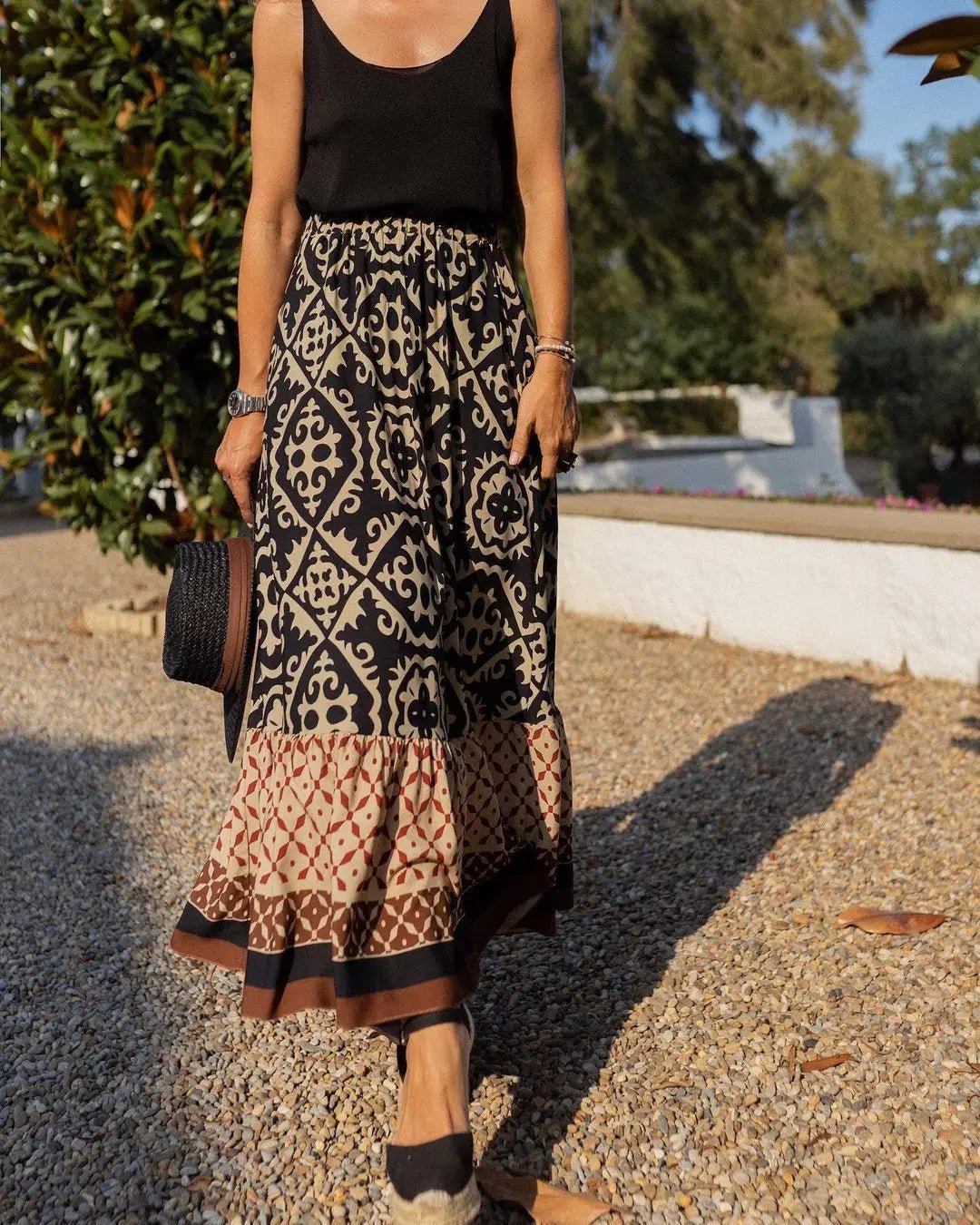 Rhea Boho falda midi con estampado y vuelo
