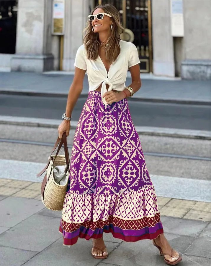 Rhea Boho falda midi con estampado y vuelo