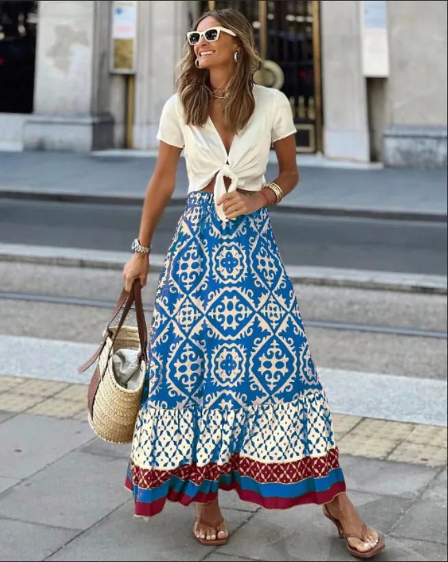 Rhea Boho falda midi con estampado y vuelo