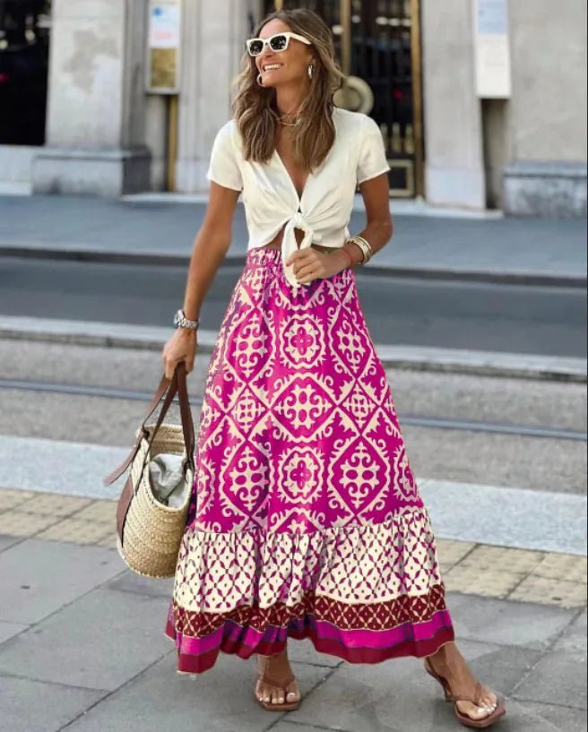 Rhea Boho falda midi con estampado y vuelo
