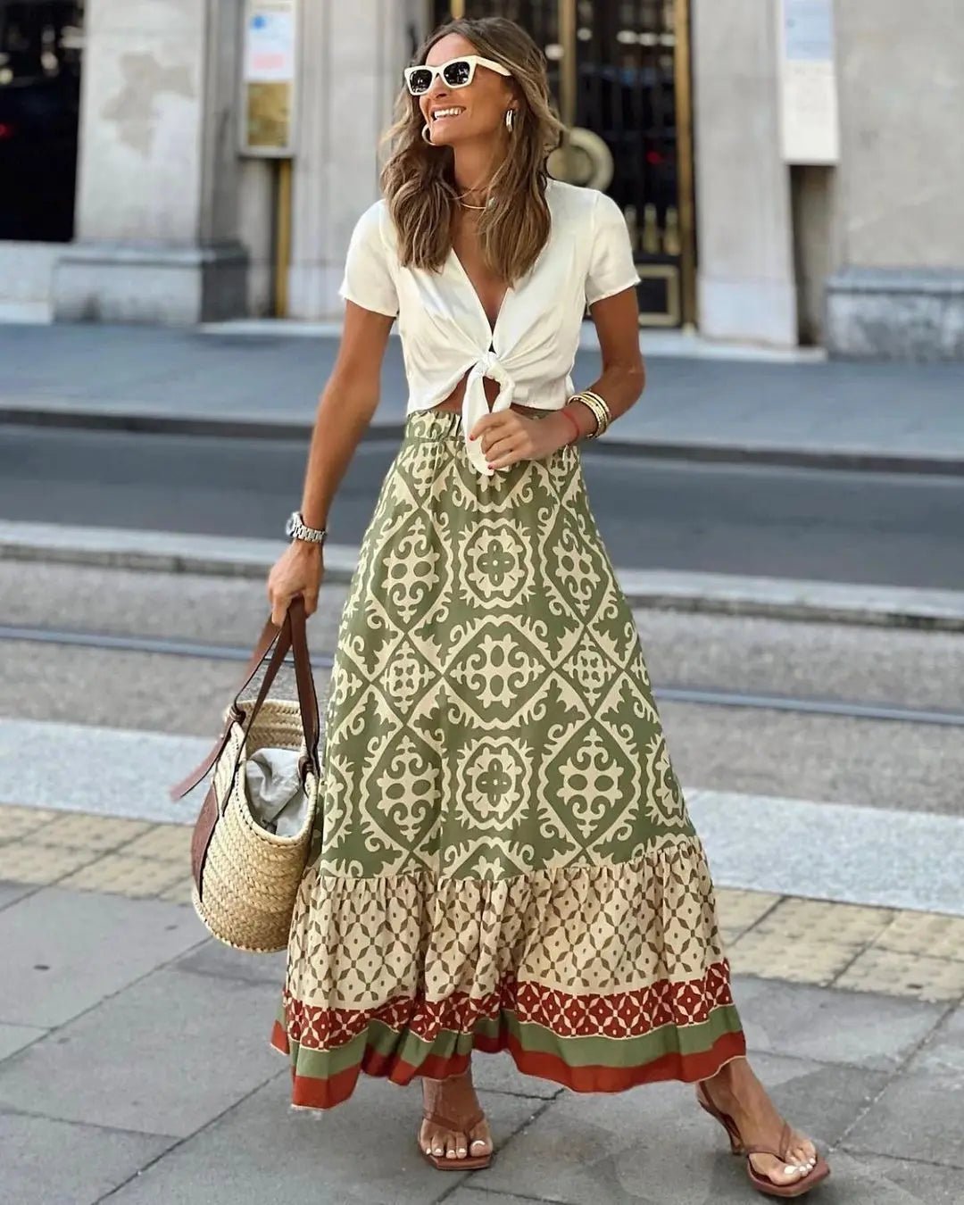 Rhea Boho falda midi con estampado y vuelo