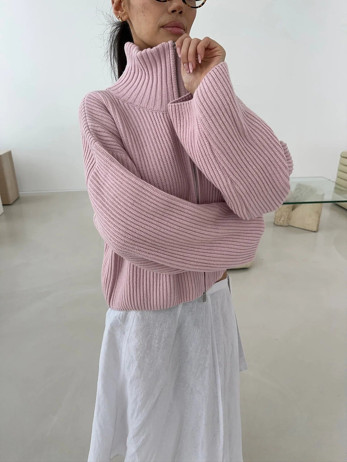 Daniela Cárdigan Oversized de Punto Canalé con Cremallera