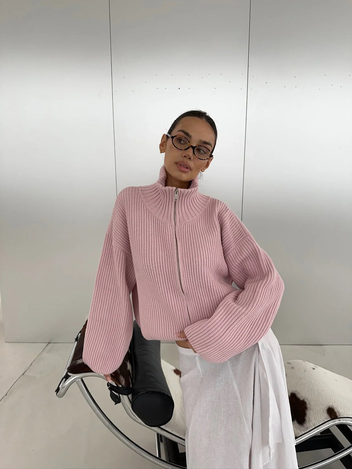 Daniela Cárdigan Oversized de Punto Canalé con Cremallera