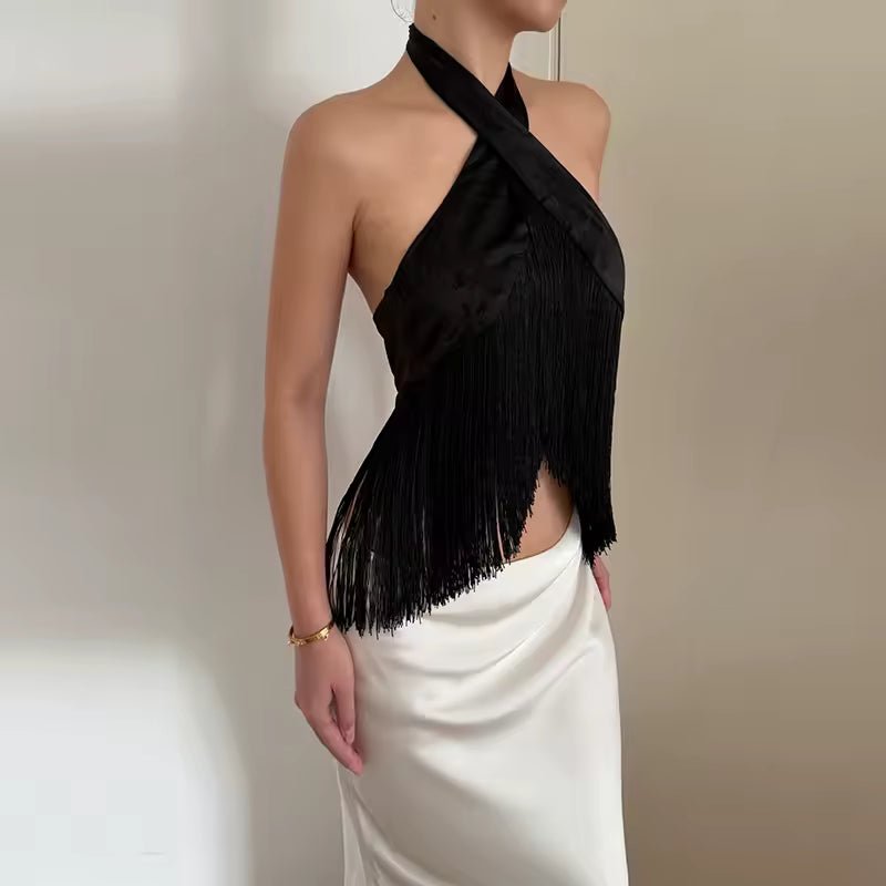 Top Halter Amelie de satén con flecos