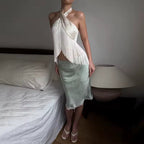 Top Halter Amelie de satén con flecos