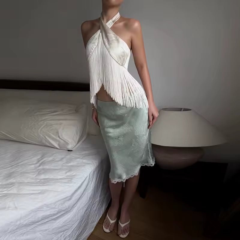 Top Halter Amelie de satén con flecos