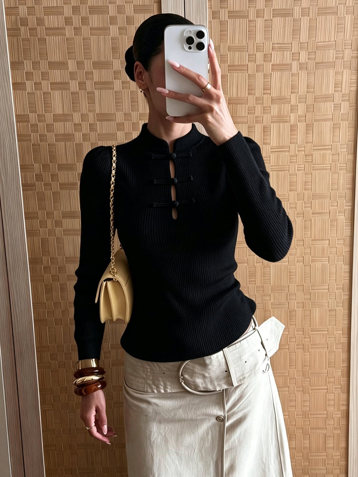 Top acanalado Sandra con cuello mandarín