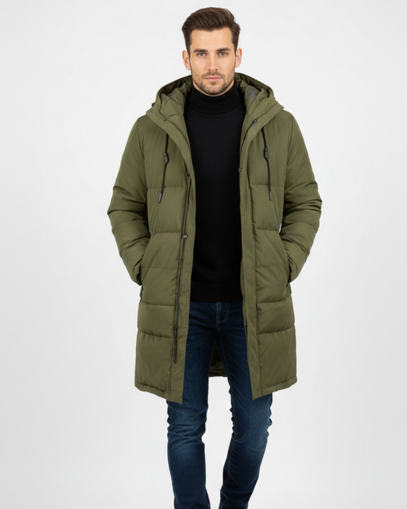 Gabardina larga impermeable y abrigada para hombre – Elegancia invernal con capucha