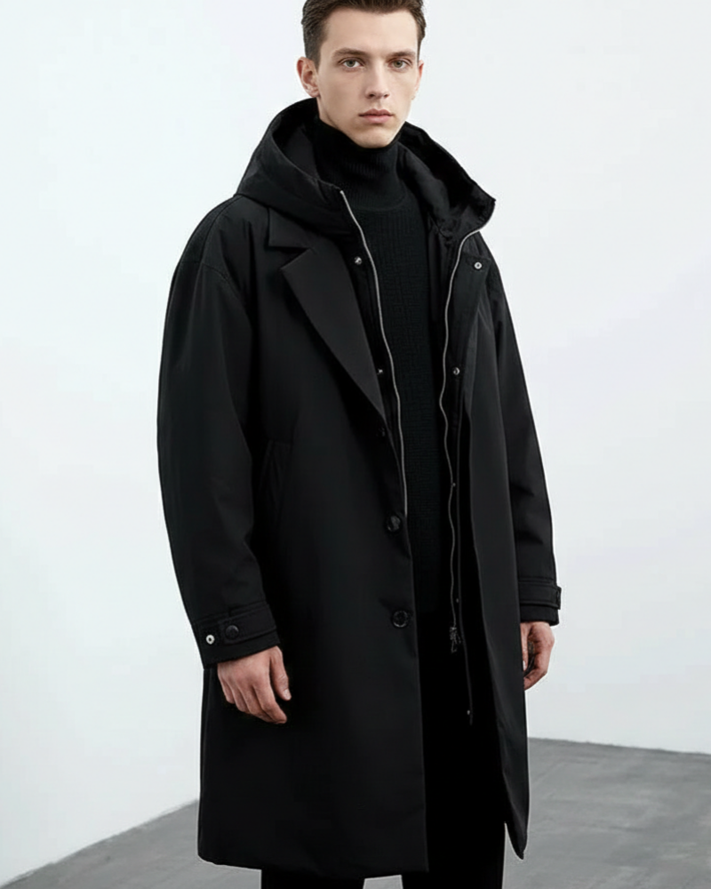 Gabardina larga impermeable y abrigada para hombre – Elegancia invernal con capucha